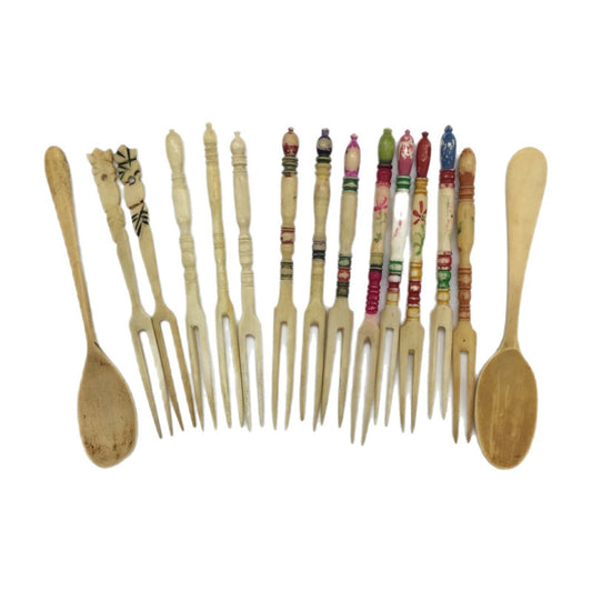 Cocktail Forks Carved Bovine Bone Barware Tiki Bar Variety Lot 13 Forks 2 Spoons