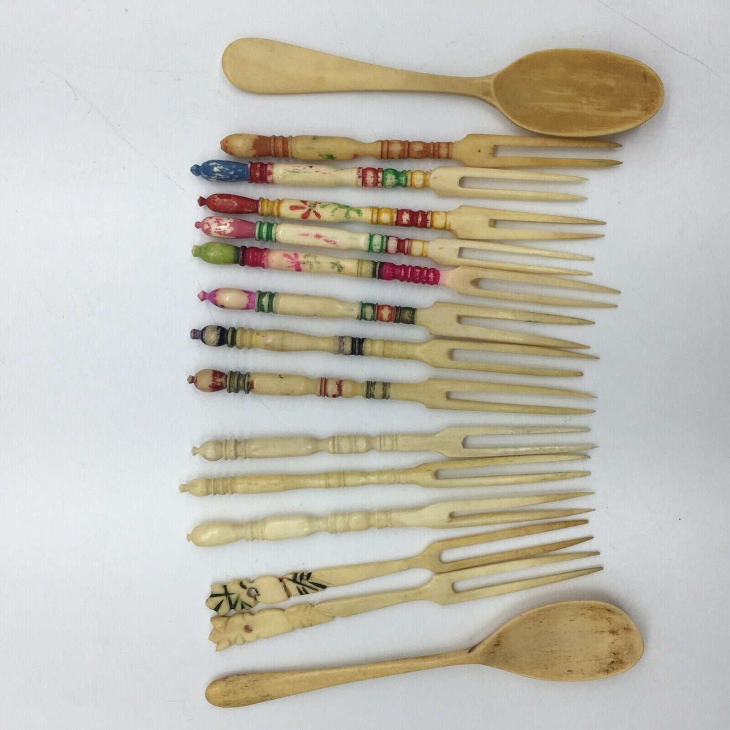 Cocktail Forks Carved Bovine Bone Barware Tiki Bar Variety Lot 13 Forks 2 Spoons