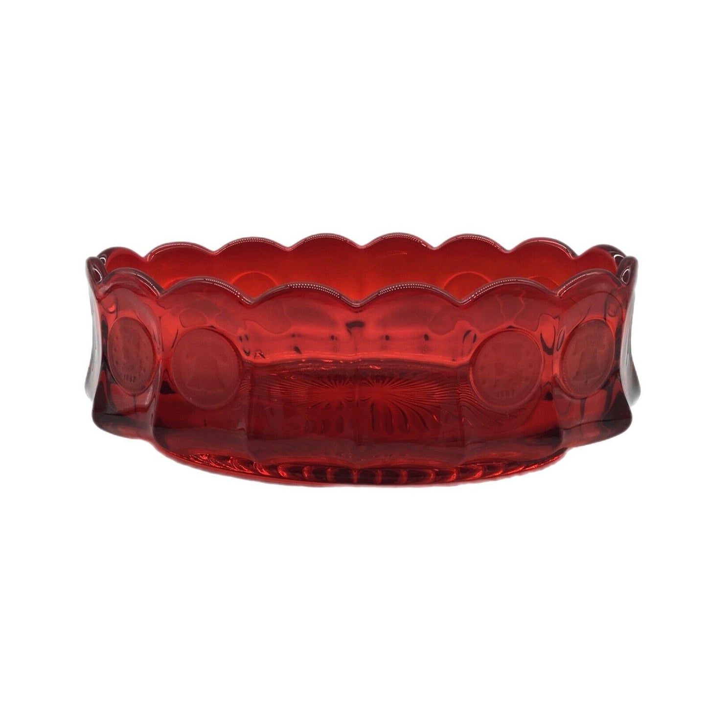 Fostoria Ruby Red Coin Pattern Oval Bowl 9" Frosted Coin Scalloped Rim Starburst Bottom USA