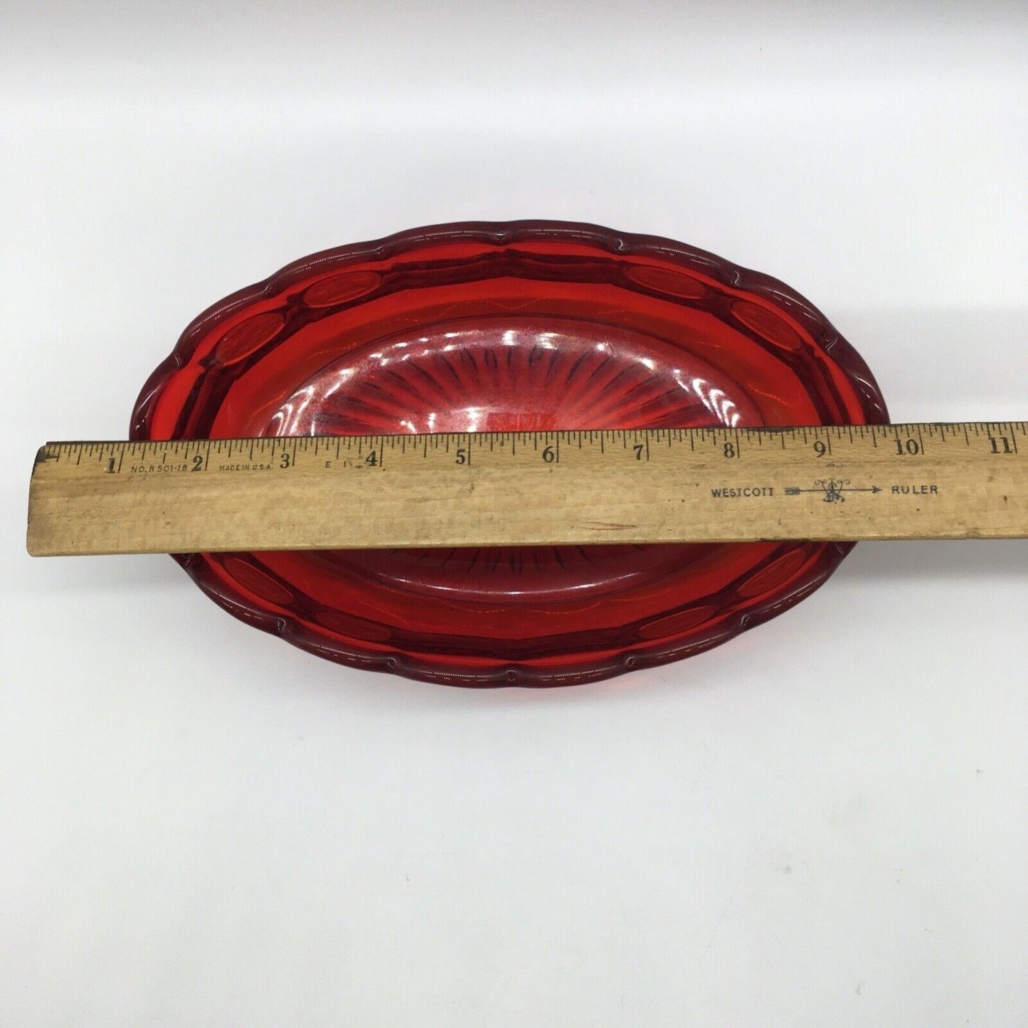 Fostoria Ruby Red Coin Pattern Oval Bowl 9" Frosted Coin Scalloped Rim Starburst Bottom USA