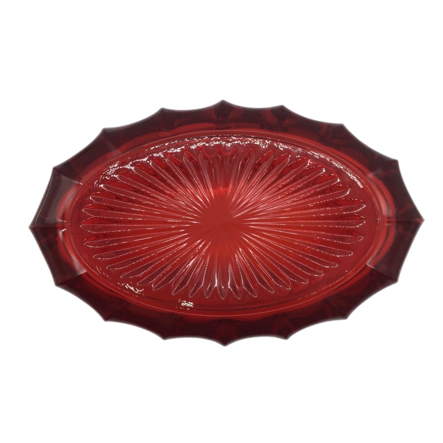 Fostoria Ruby Red Coin Pattern Oval Bowl 9" Frosted Coin Scalloped Rim Starburst Bottom USA