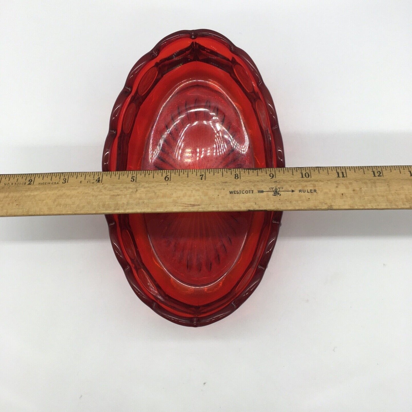Fostoria Ruby Red Coin Pattern Oval Bowl 9" Frosted Coin Scalloped Rim Starburst Bottom USA