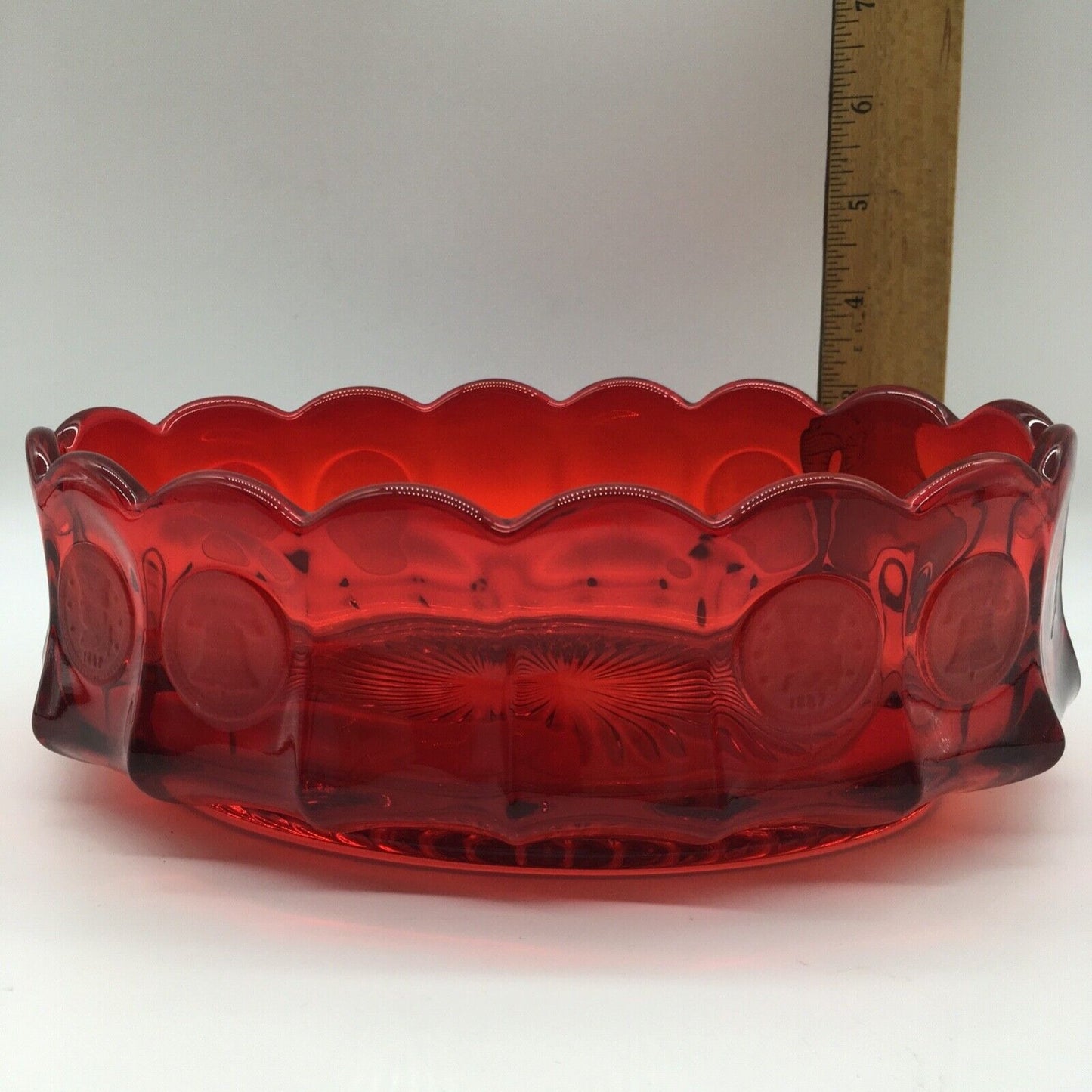 Fostoria Ruby Red Coin Pattern Oval Bowl 9" Frosted Coin Scalloped Rim Starburst Bottom USA