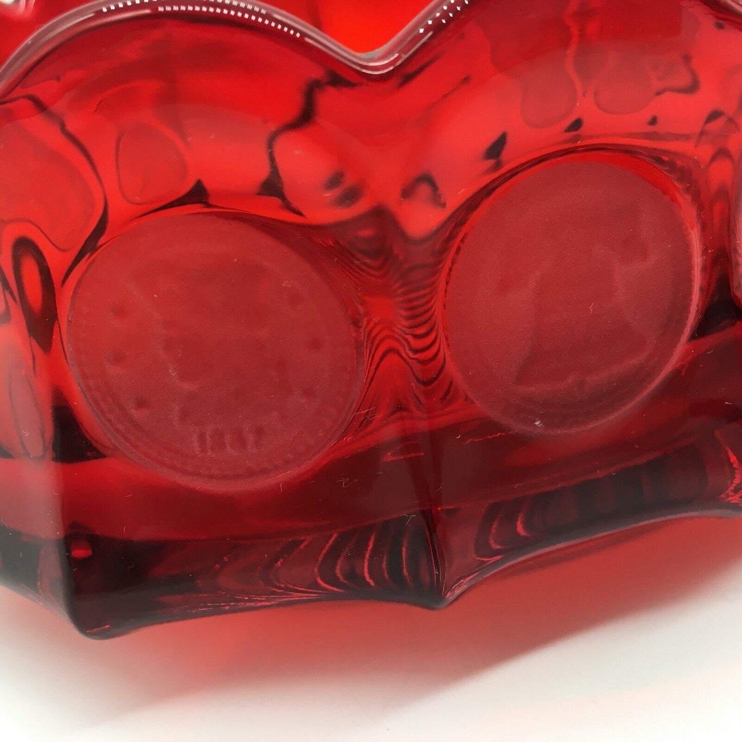 Fostoria Ruby Red Coin Pattern Oval Bowl 9" Frosted Coin Scalloped Rim Starburst Bottom USA