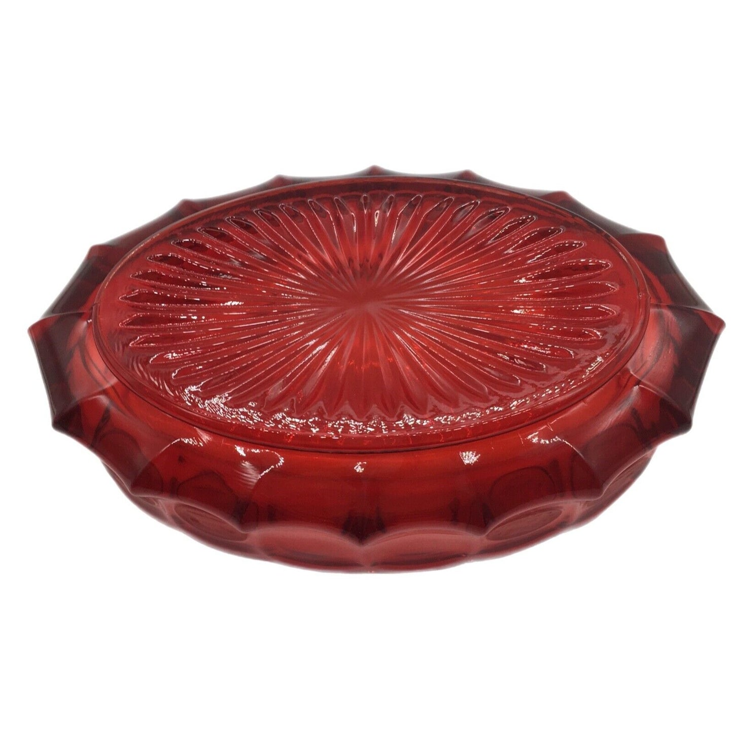 Fostoria Ruby Red Coin Pattern Oval Bowl 9" Frosted Coin Scalloped Rim Starburst Bottom USA