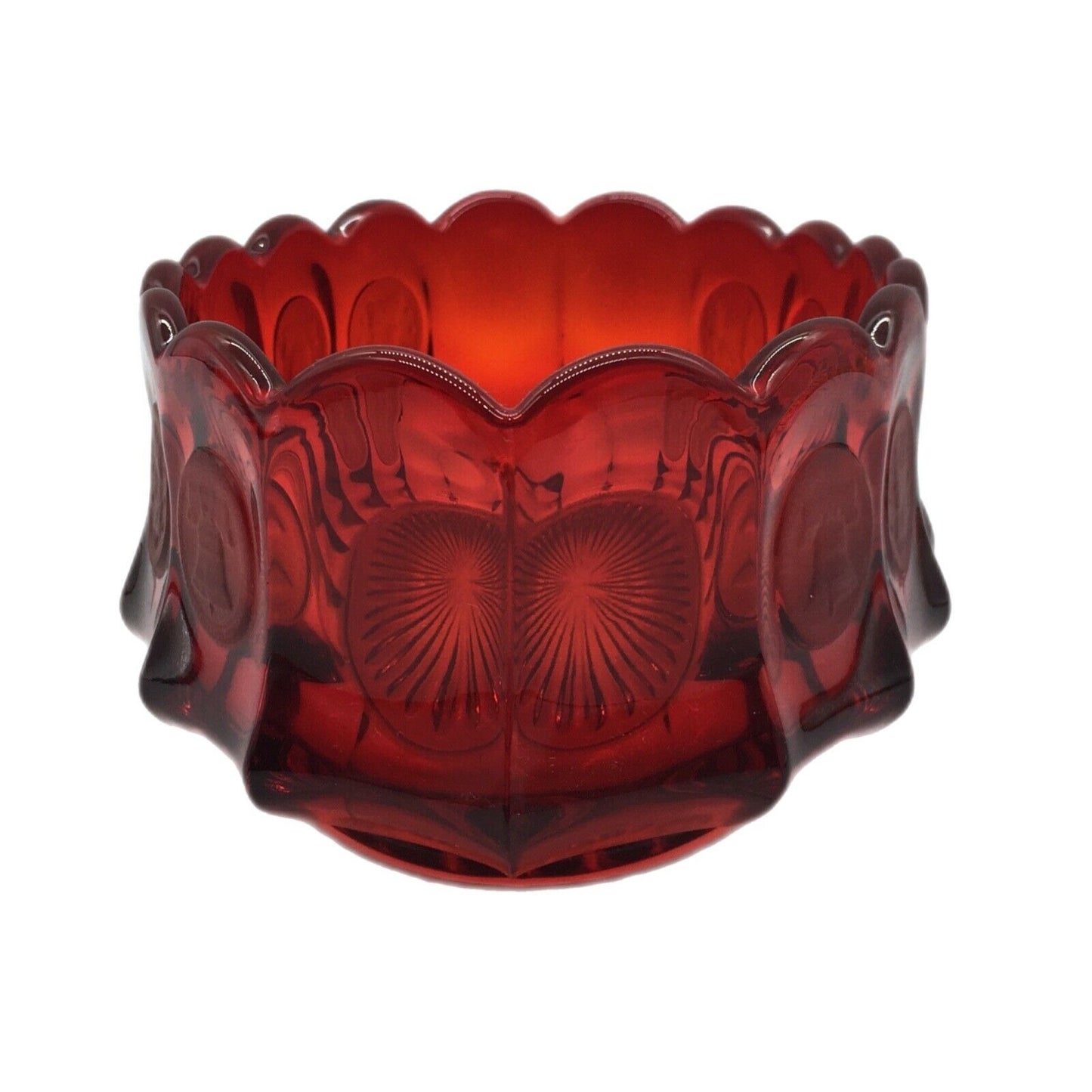 Fostoria Ruby Red Coin Pattern Oval Bowl 9" Frosted Coin Scalloped Rim Starburst Bottom USA