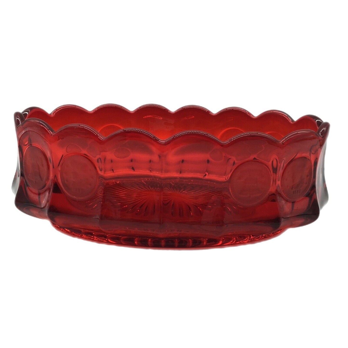 Fostoria Ruby Red Coin Pattern Oval Bowl 9" Frosted Coin Scalloped Rim Starburst Bottom USA
