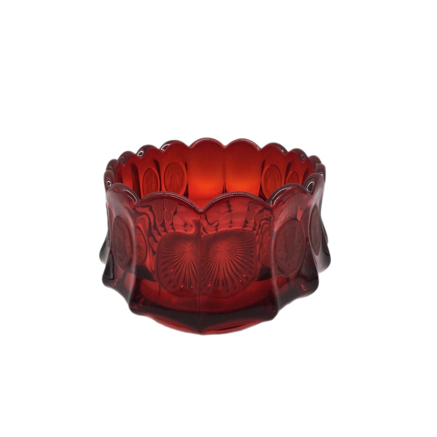 Fostoria Ruby Red Coin Pattern Oval Bowl 9" Frosted Coin Scalloped Rim Starburst Bottom USA