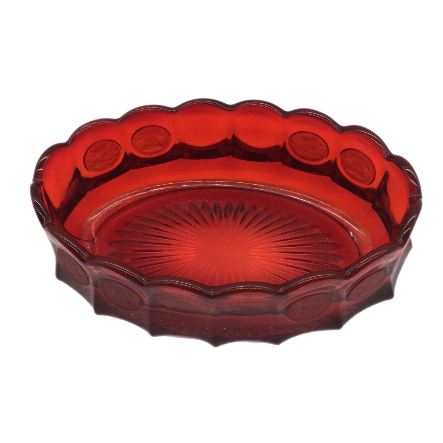 Fostoria Ruby Red Coin Pattern Oval Bowl 9" Frosted Coin Scalloped Rim Starburst Bottom USA
