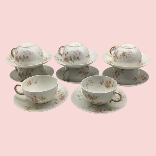 Theodore Haviland Set of 8 Antique Tea Cup and Saucers, Delicate Porcelain Pink Rose Pattern Teacups, Floral Tea Cup and Saucer, Teacups