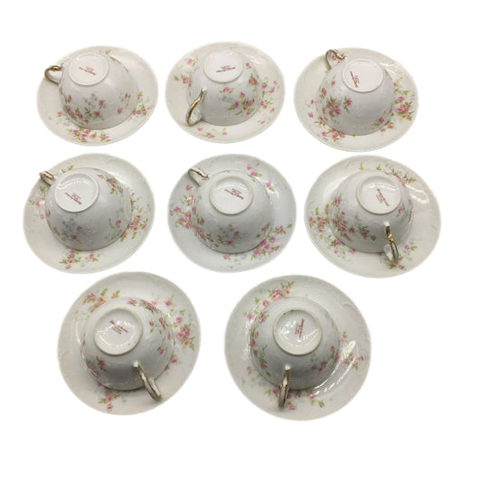 Theodore Haviland Set of 8 Antique Tea Cup and Saucers, Delicate Porcelain Pink Rose Pattern Teacups, Floral Tea Cup and Saucer, Teacups