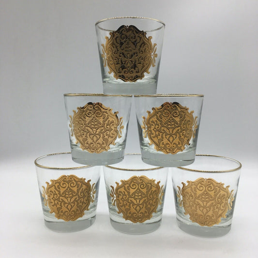 Libbey Barware Cocktail Glass Set of 6 Gold Medallion Trim Opera Lowball MCM VTG