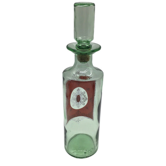 1960s Italian Green Glass Decanter Original Cork Stopper Red Gold Design Vintage Barware