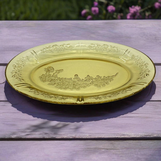 Vintage Federal Glass 13" Yellow Oval Platter With Floral Depression Glass