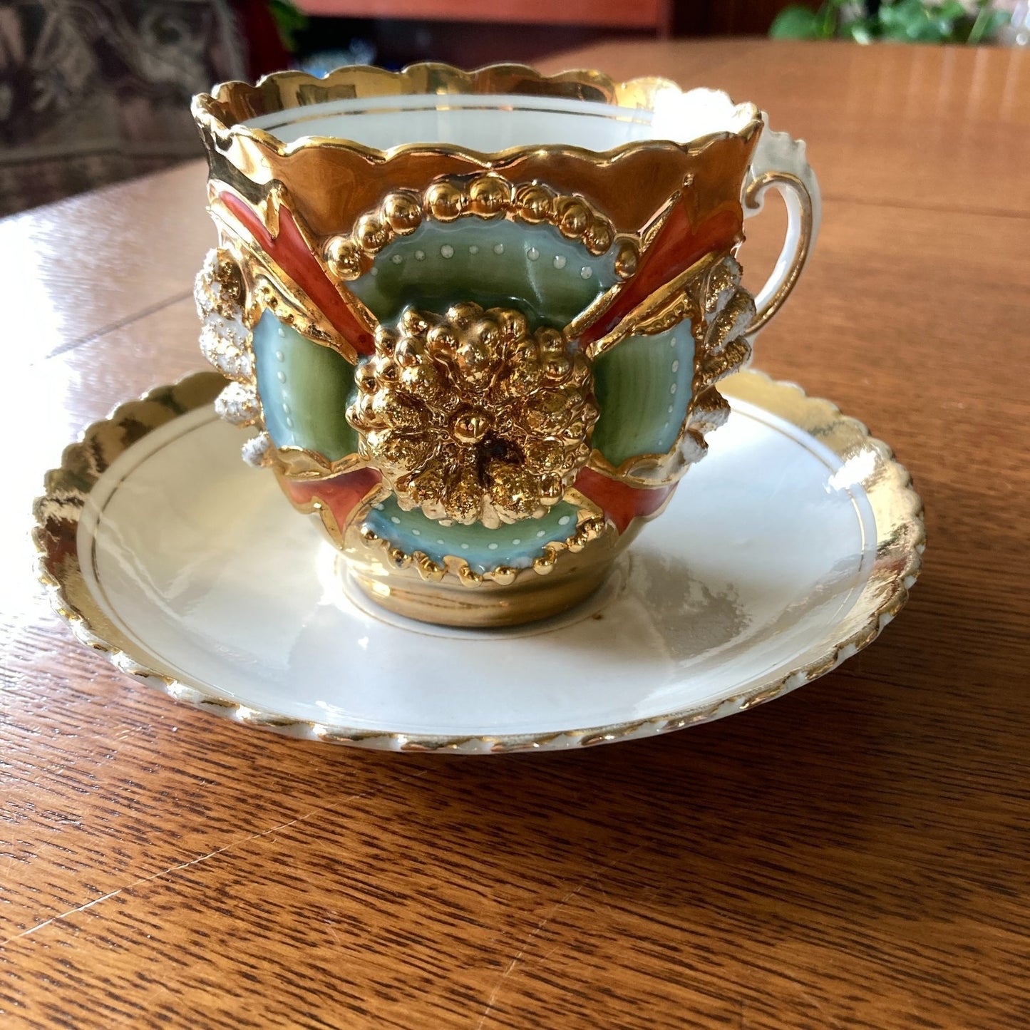 Antique Art Nouveau Tea Cup and Saucer Heavy Gold Relief Pearled Details German