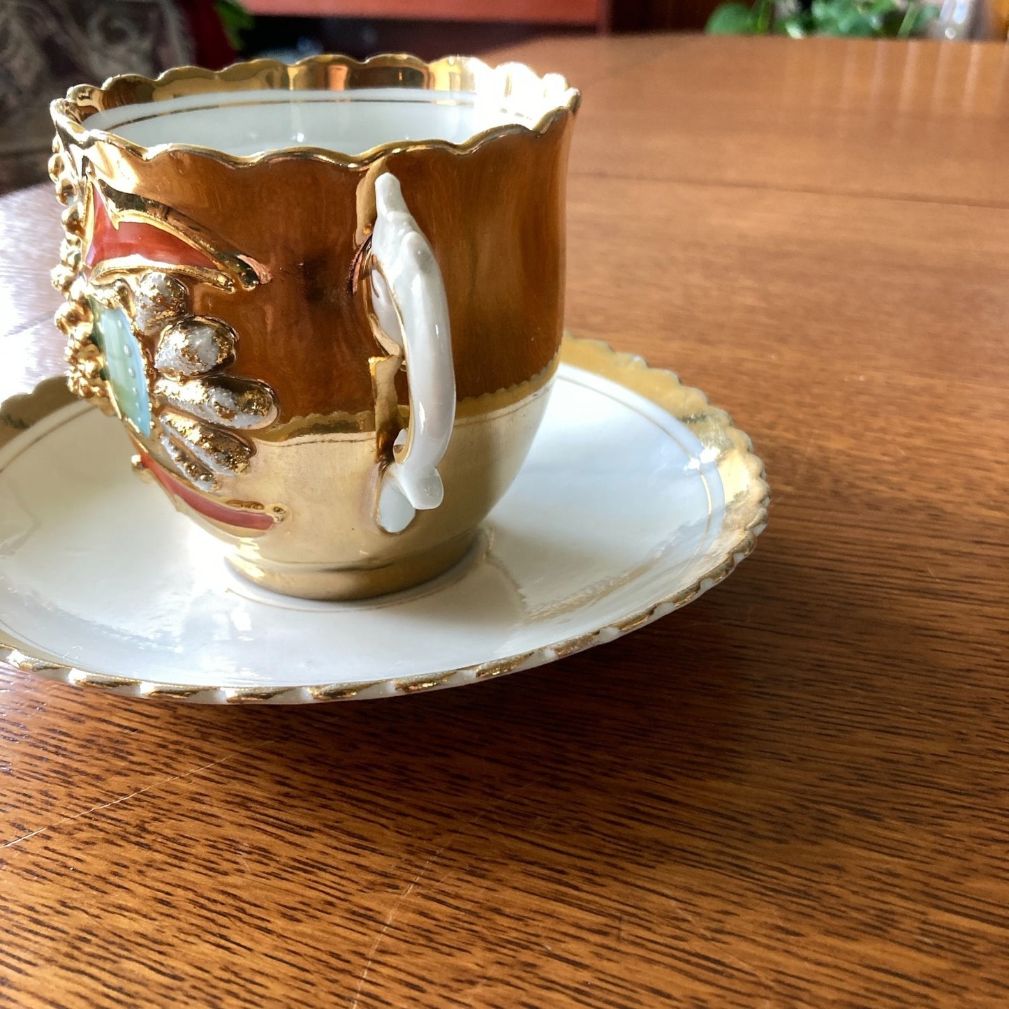 Antique Art Nouveau Tea Cup and Saucer Heavy Gold Relief Pearled Details German