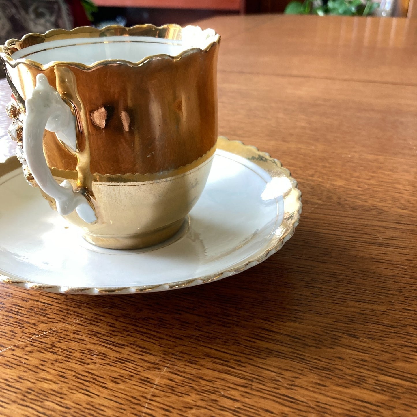 Antique Art Nouveau Tea Cup and Saucer Heavy Gold Relief Pearled Details German
