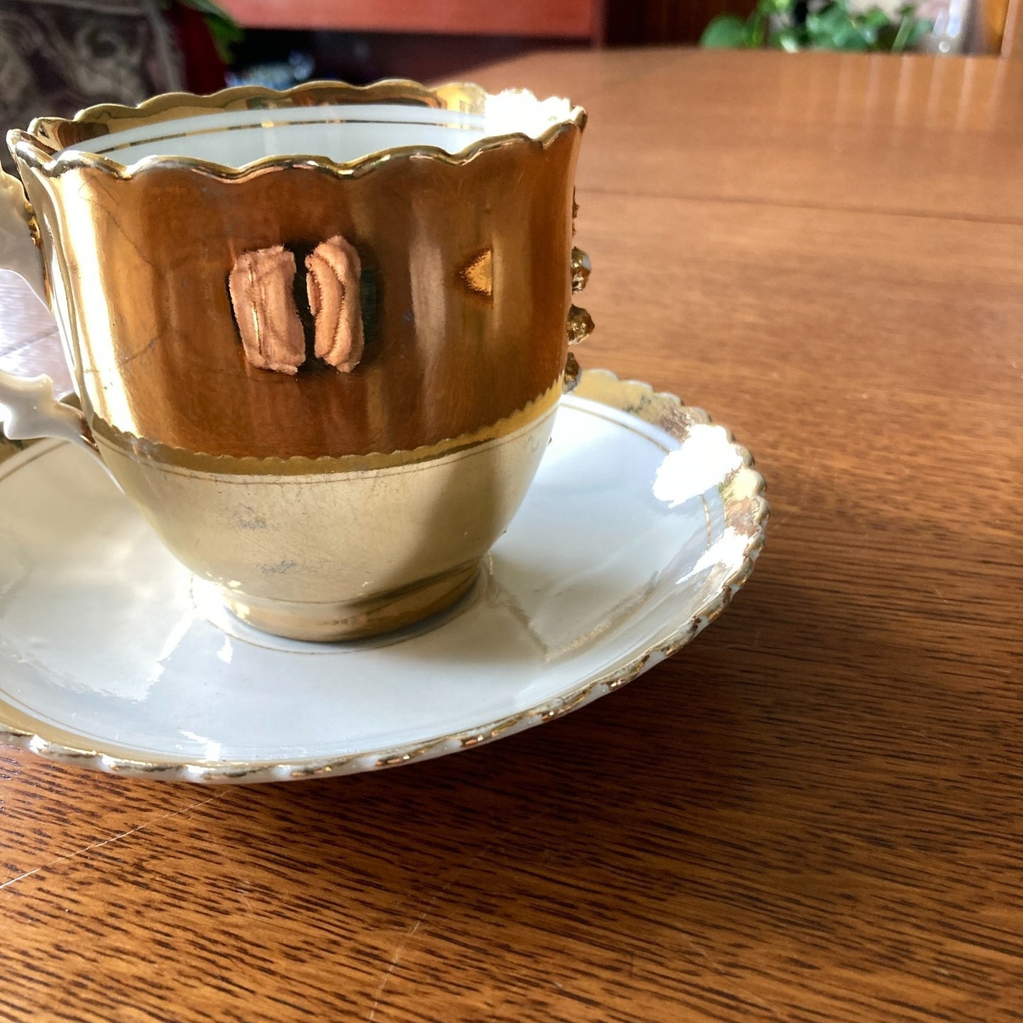 Antique Art Nouveau Tea Cup and Saucer Heavy Gold Relief Pearled Details German