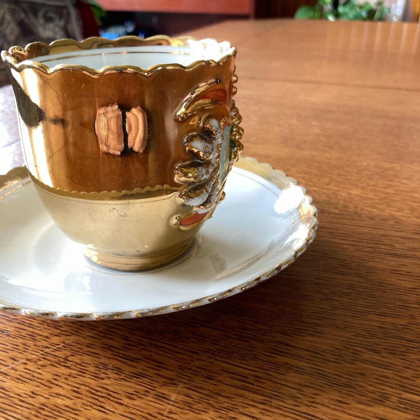Antique Art Nouveau Tea Cup and Saucer Heavy Gold Relief Pearled Details German