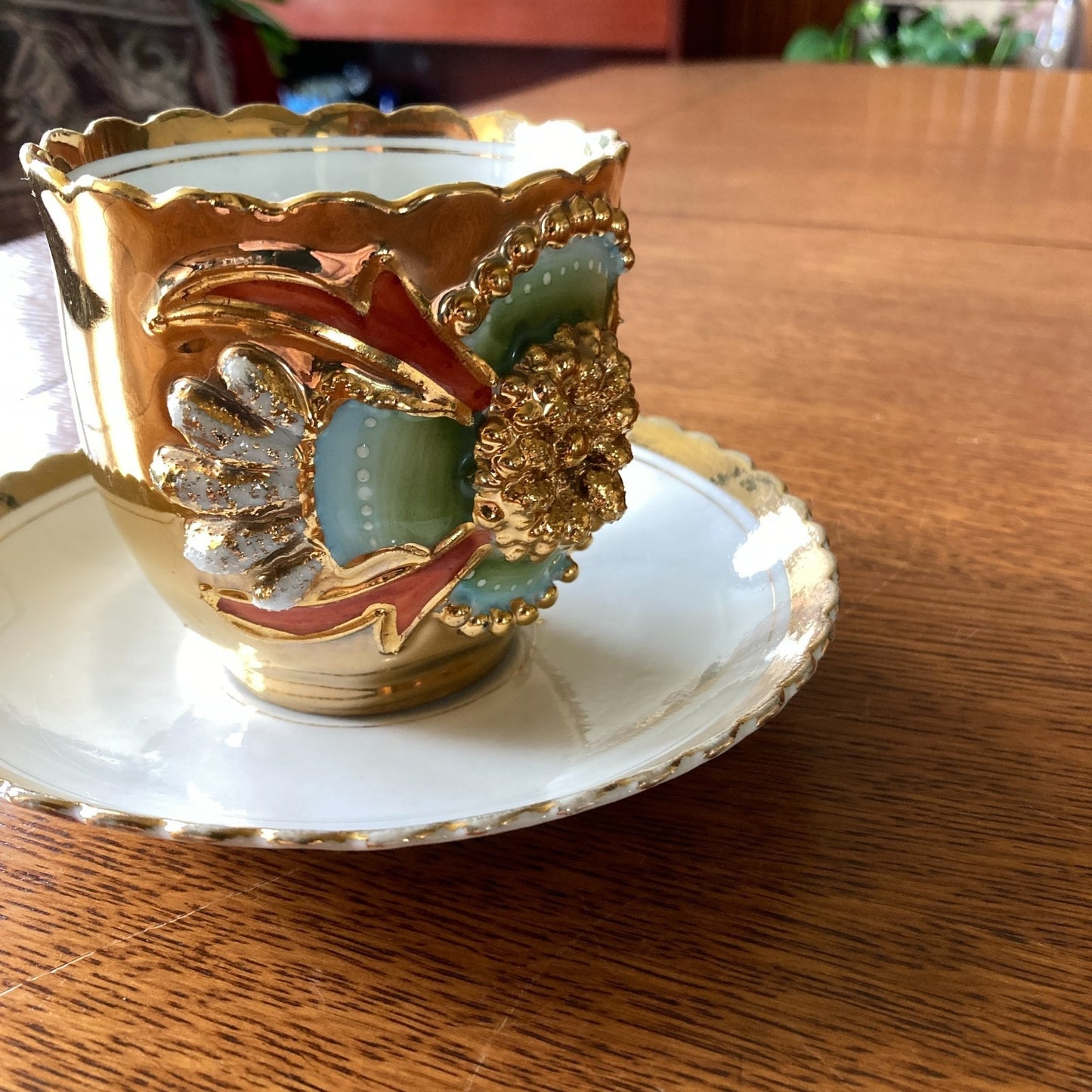 Antique Art Nouveau Tea Cup and Saucer Heavy Gold Relief Pearled Details German