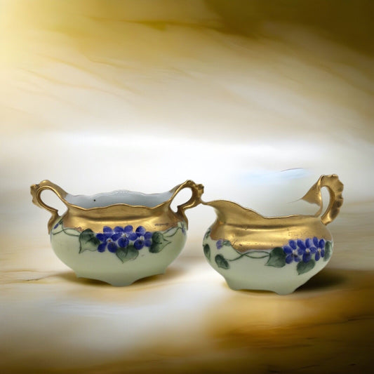 Imperial PSL Austria Cream Sugar Set Hand Painted Floral Gold Trim Antique 1918