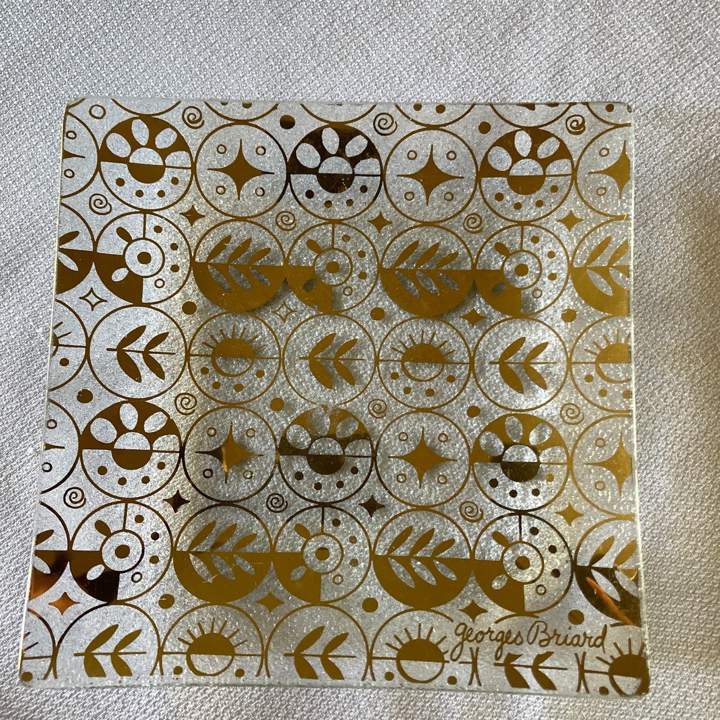 Georges Briard Tray Set 6 Mid Century Modern Circles Textured Glass Gold Pattern