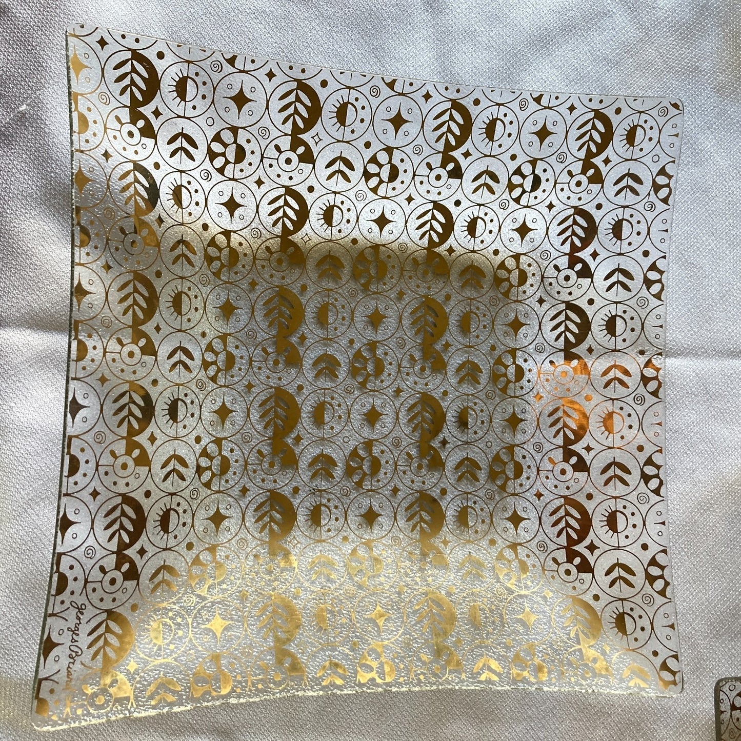 Georges Briard Tray Set 6 Mid Century Modern Circles Textured Glass Gold Pattern