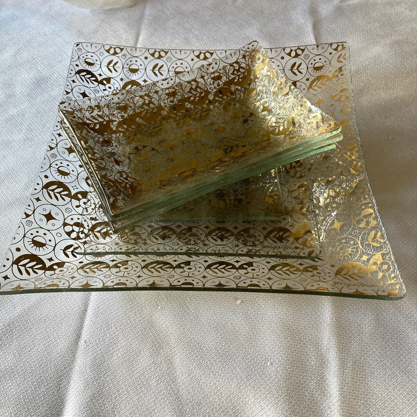 Georges Briard Tray Set 6 Mid Century Modern Circles Textured Glass Gold Pattern