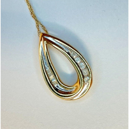 Diamond Necklace Tear Drop Pendant Stamped JMC 10K Yellow Gold on 10K Chain VTG