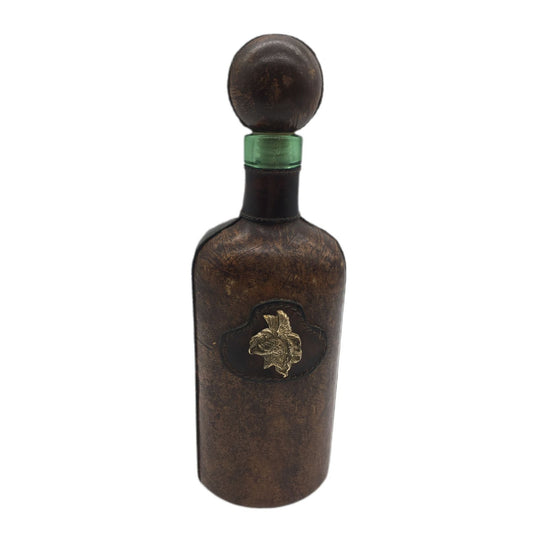 Decanter Italian Leather Wrap Green Glass Bottle Roman Helmet Emblem Italy VTG