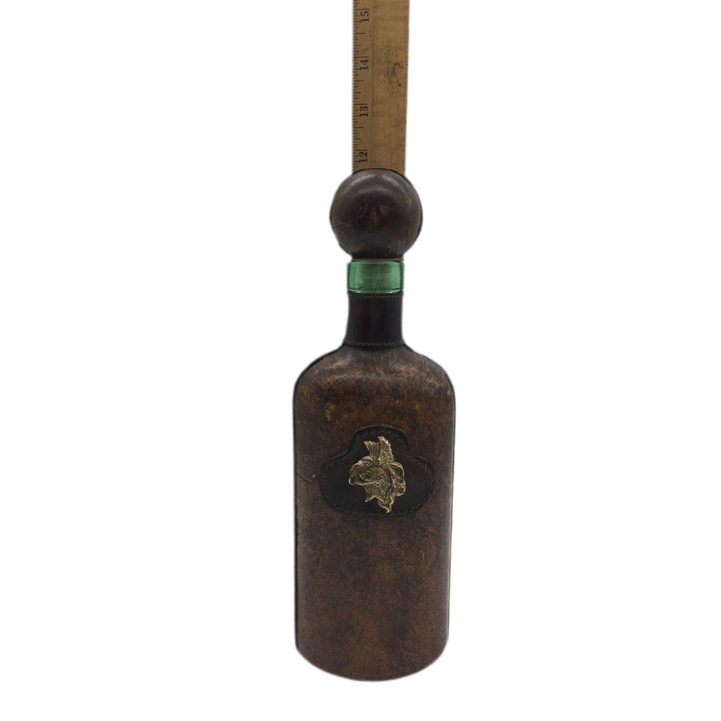 Decanter Italian Leather Wrap Green Glass Bottle Roman Helmet Emblem Italy VTG