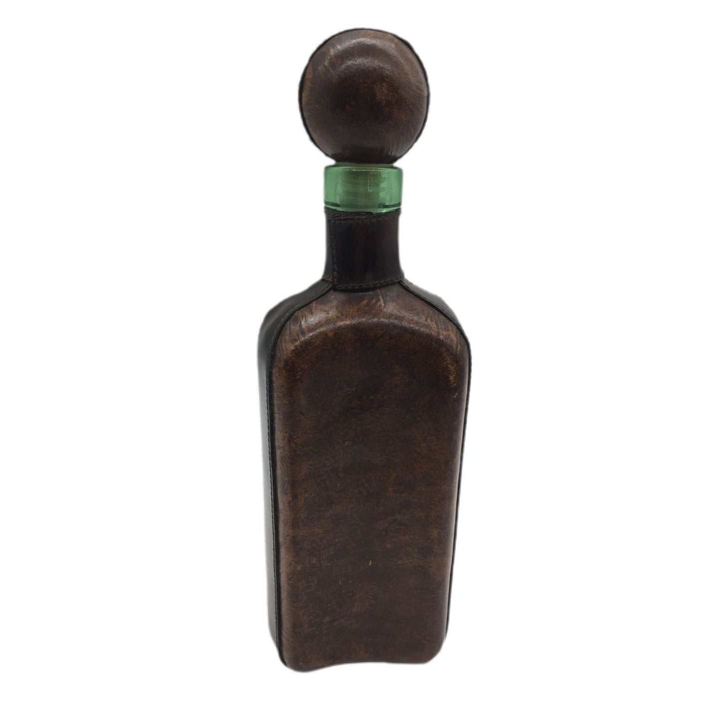 Decanter Italian Leather Wrap Green Glass Bottle Roman Helmet Emblem Italy VTG