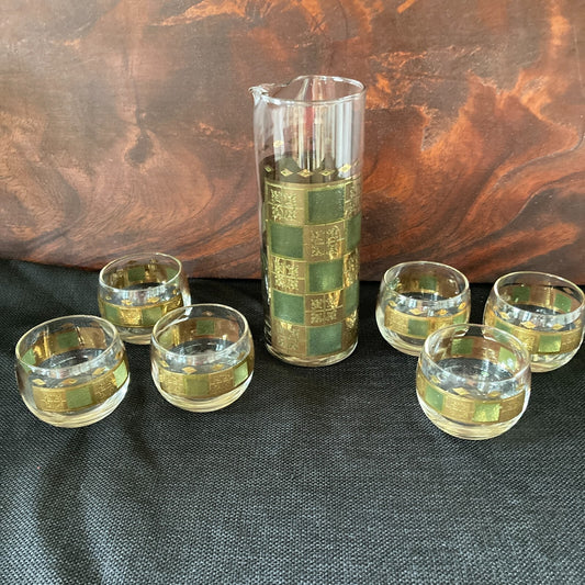 Culver Barware Set 7 Pieces 6 Roly Poly Cocktail 1 Pitcher 22K Gold Prado Green