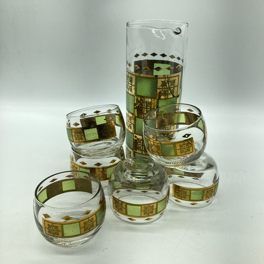Culver Barware Set 7 Pieces 6 Roly Poly Cocktail 1 Pitcher 22K Gold Prado Green