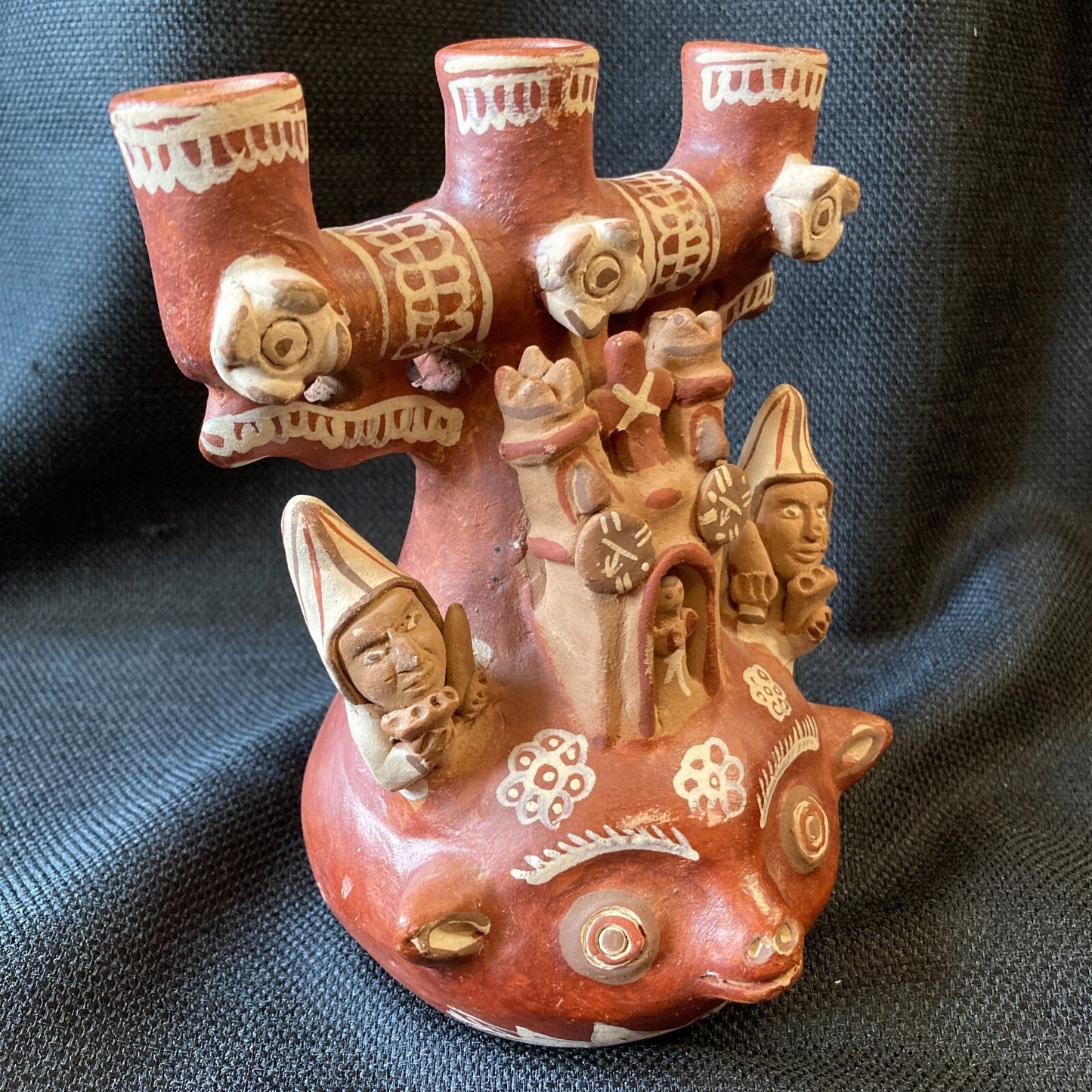 Vintage Peruvian Folk Art Candelabra Traditional Terracotta Pottery Deity Temple