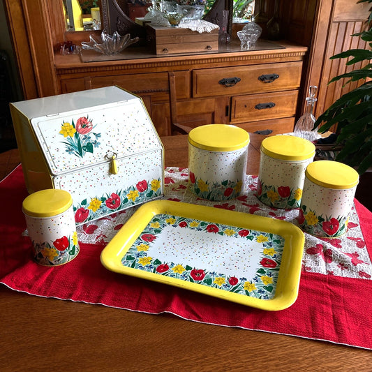 Kitchen Bread Box Canisters Tray Set Tulips Red Daffodil Yellow Cottage Core VTG