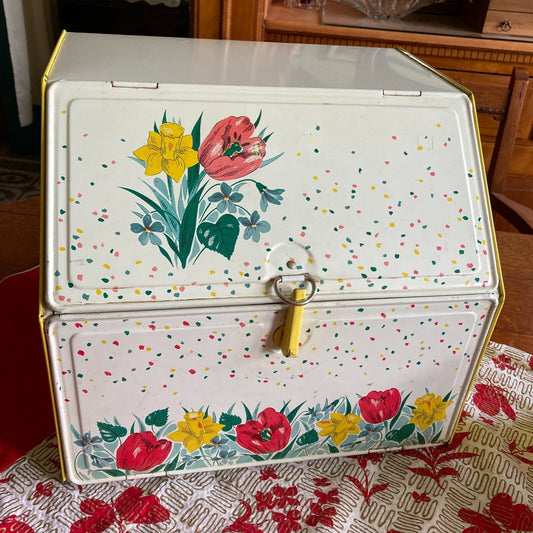 Kitchen Bread Box Canisters Tray Set Tulips Red Daffodil Yellow Cottage Core VTG