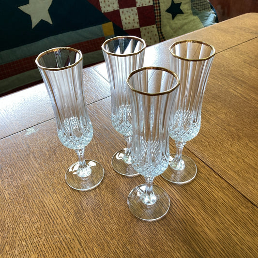 Crystal Champagne Flutes Set of 4 Gold Rims Special Occasion Vintage Bar Ware