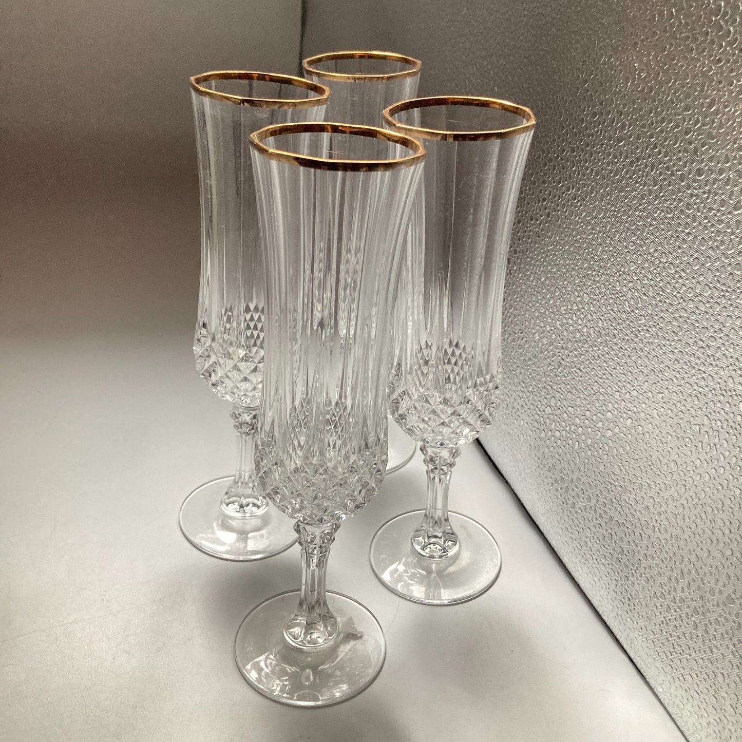 Crystal Champagne Flutes Set of 4 Gold Rims Special Occasion Vintage Bar Ware