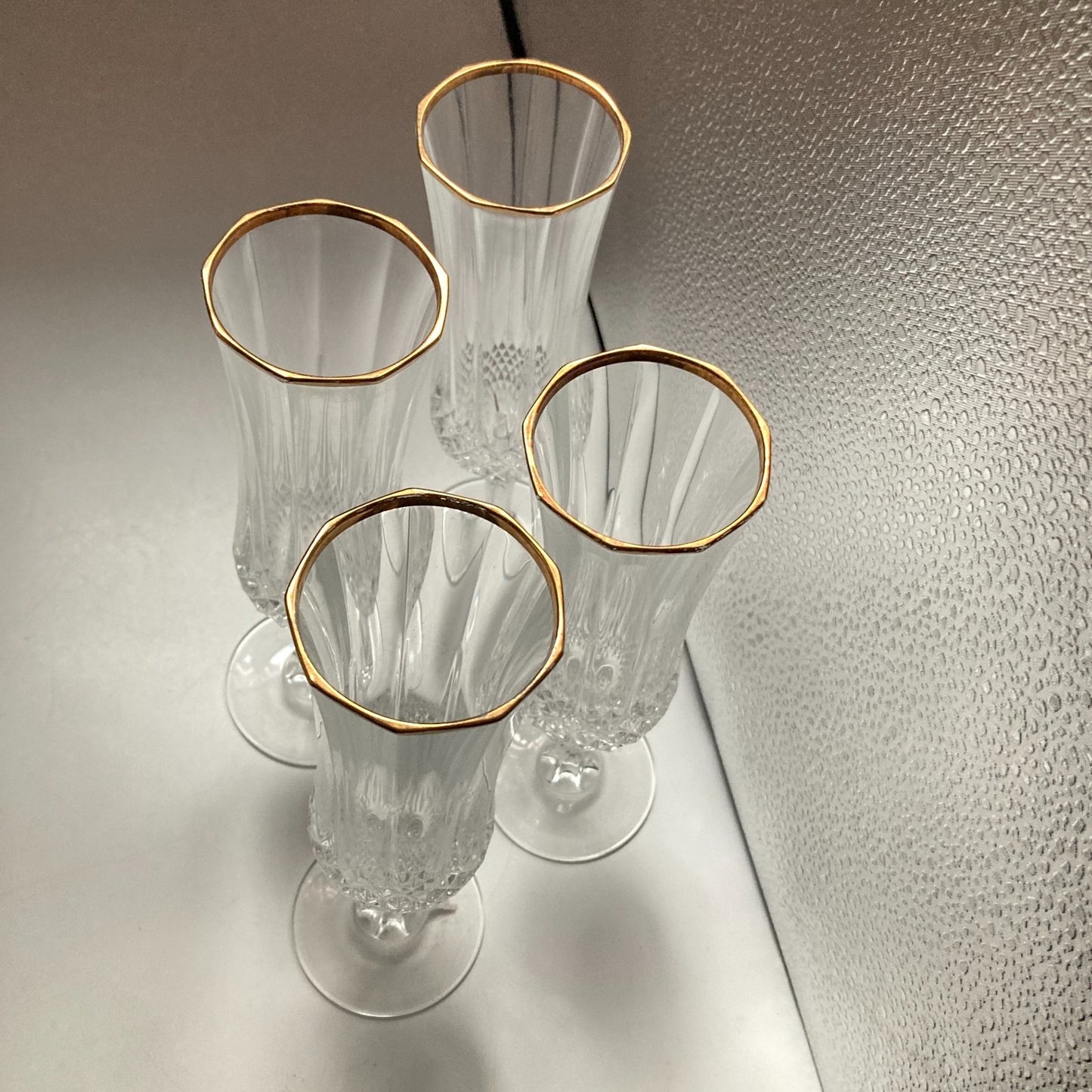 Crystal Champagne Flutes Set of 4 Gold Rims Special Occasion Vintage Bar Ware