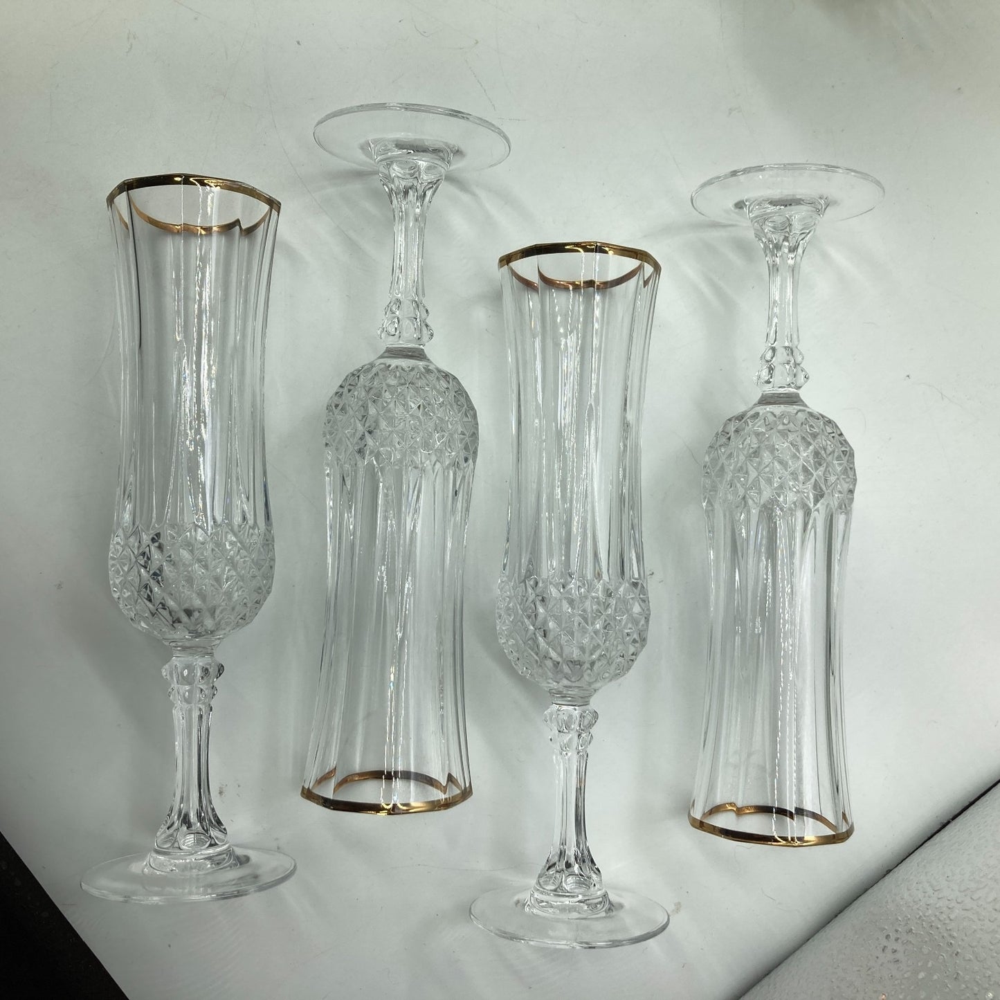 Crystal Champagne Flutes Set of 4 Gold Rims Special Occasion Vintage Bar Ware