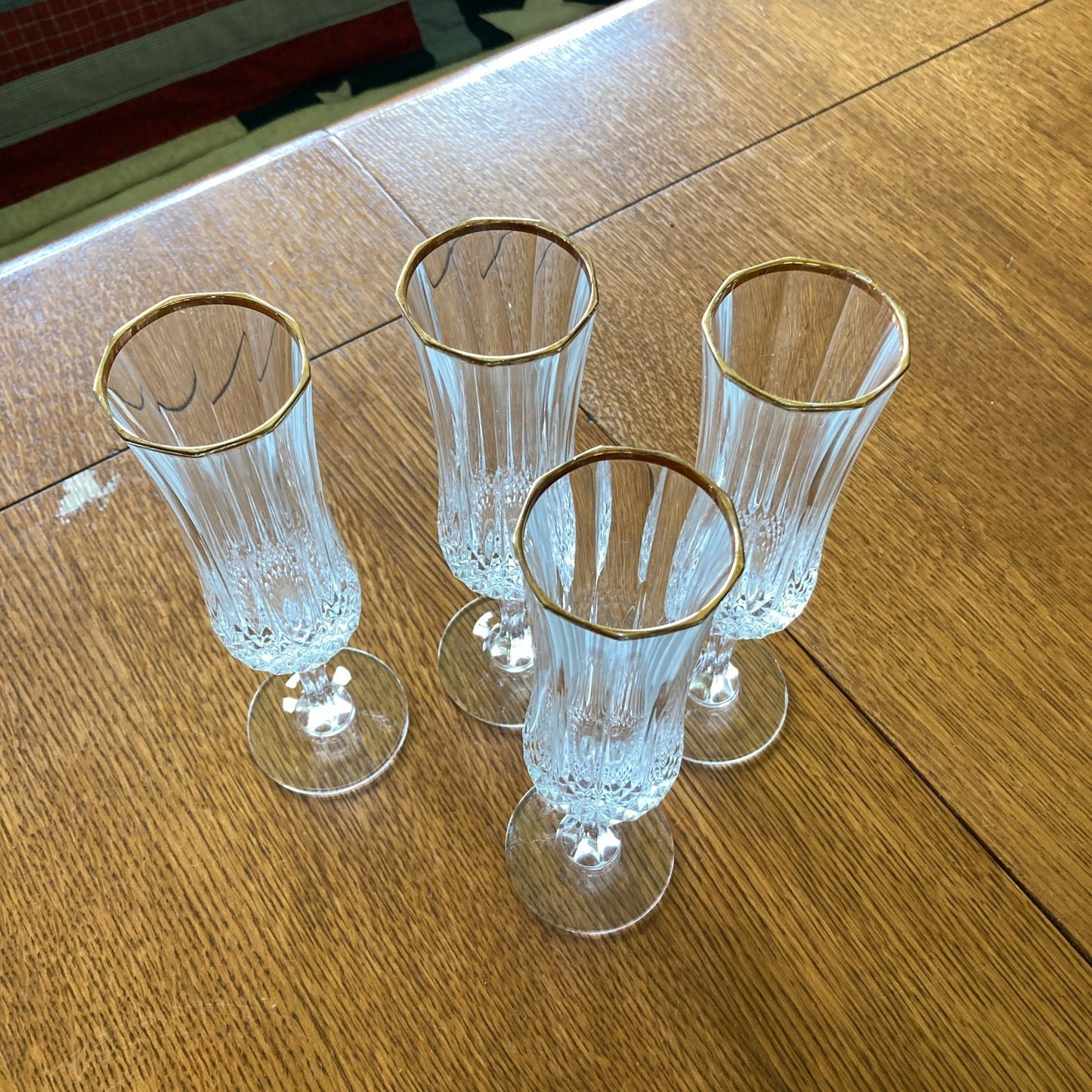 Crystal Champagne Flutes Set of 4 Gold Rims Special Occasion Vintage Bar Ware