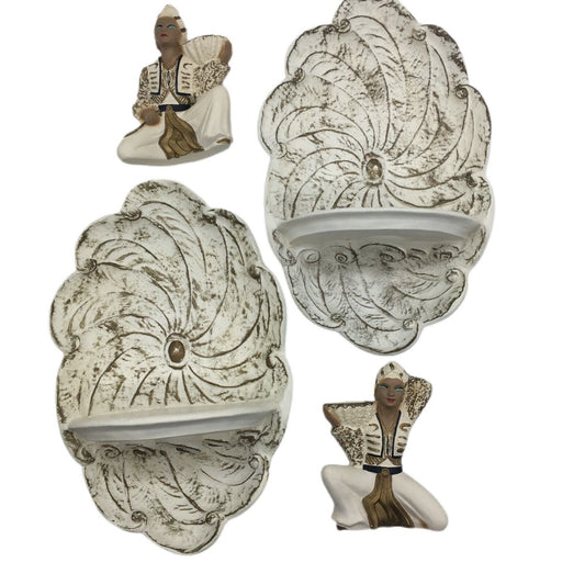 Chalk Ware Exotic Style Plaques Shell Shelves 4 Piece Set Ivory Hand Painted Gold Accent 1956