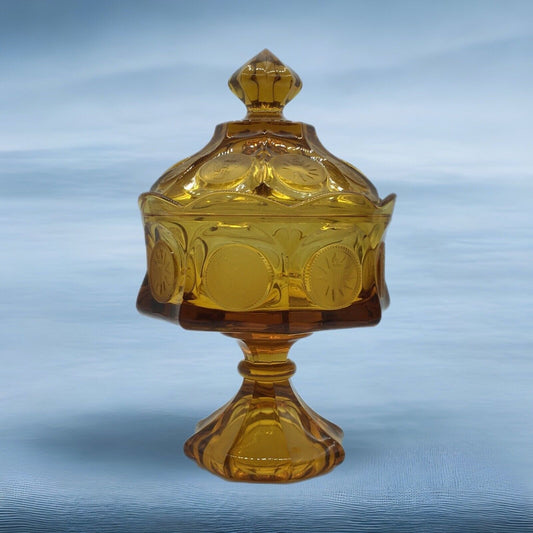 Fostoria Coin Pedestal Candy Dish Lid Golden Honey Amber Vintage Eagle Torch