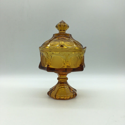 Fostoria Coin Pedestal Candy Dish Lid Golden Honey Amber Vintage Eagle Torch