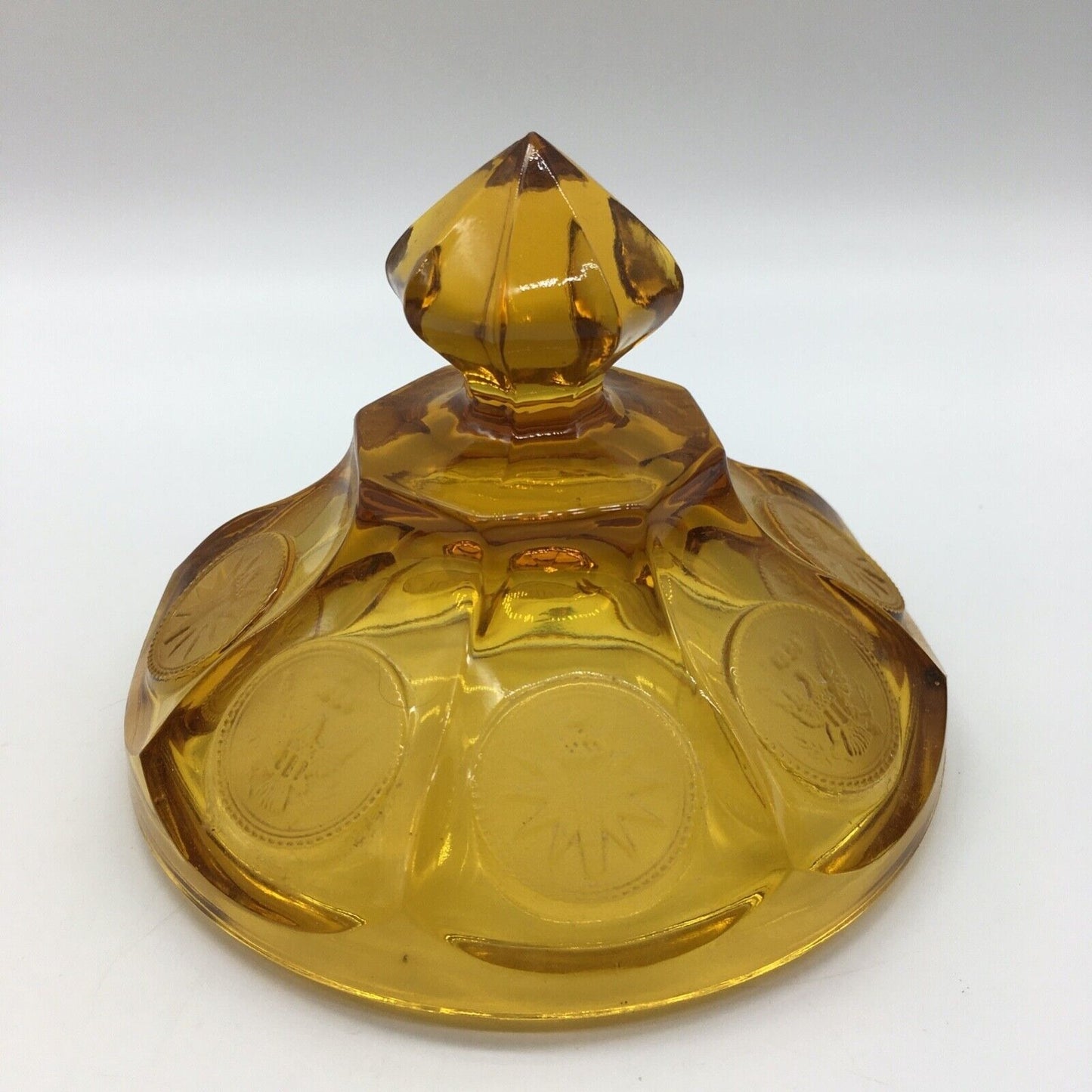 Fostoria Coin Pedestal Candy Dish Lid Golden Honey Amber Vintage Eagle Torch