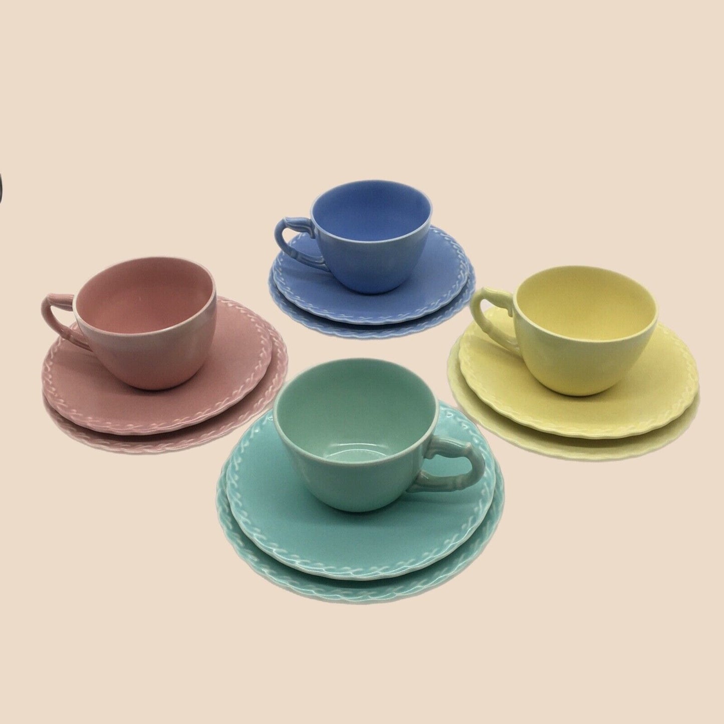 Vernon Kilns Native California Pastel Cup Saucer Dessert Plate Set Trios VTG 40s Cottage Core