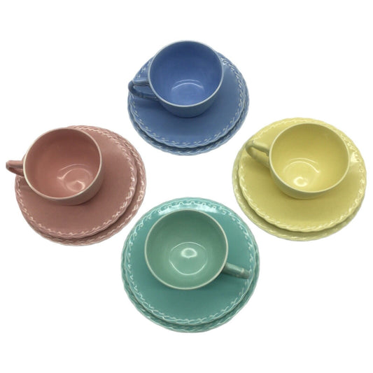 Vernon Kilns Native California Pastel Cup Saucer Dessert Plate Set Trios VTG 40s Cottage Core