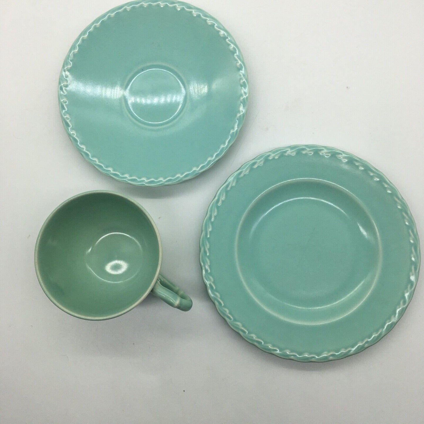 Vernon Kilns Native California Pastel Cup Saucer Dessert Plate Set Trios VTG 40s Cottage Core