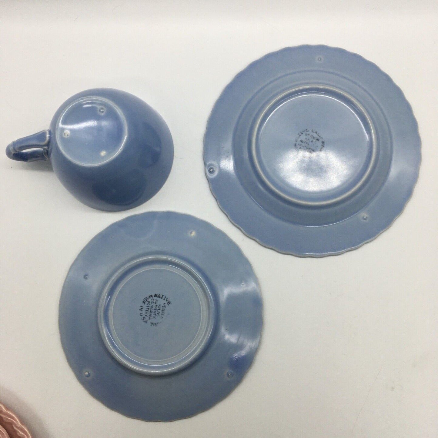 Vernon Kilns Native California Pastel Cup Saucer Dessert Plate Set Trios VTG 40s Cottage Core